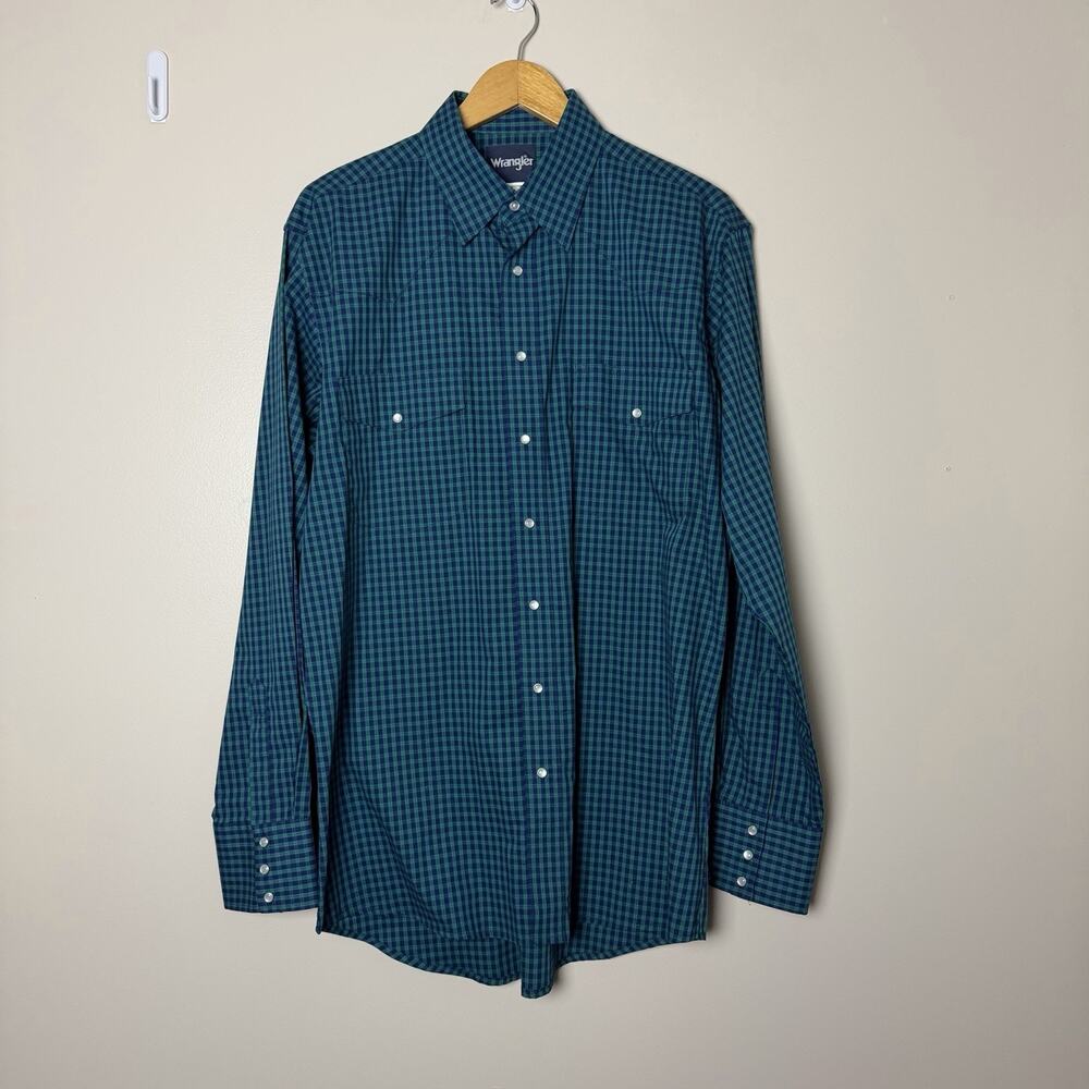 Wrangler Western Snap Plaid Shirt Green Blue Large Tall